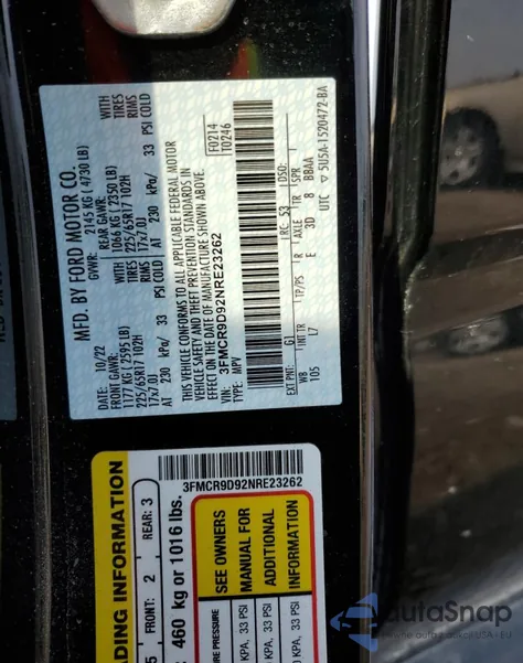 2022 Ford Bronco Sport Badlands из США, поврежденный, VIN 3FMCR9D92NRE23262